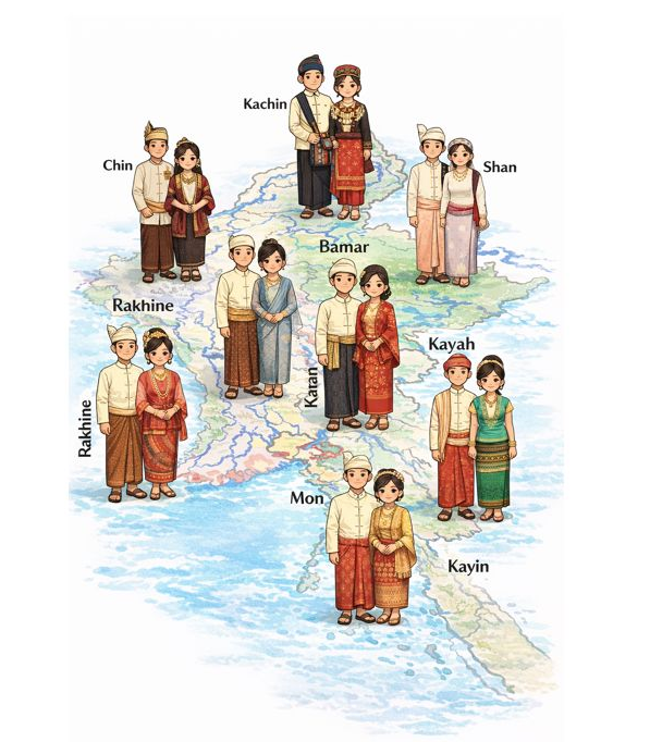 Myanmar ethnic groups illustrated map